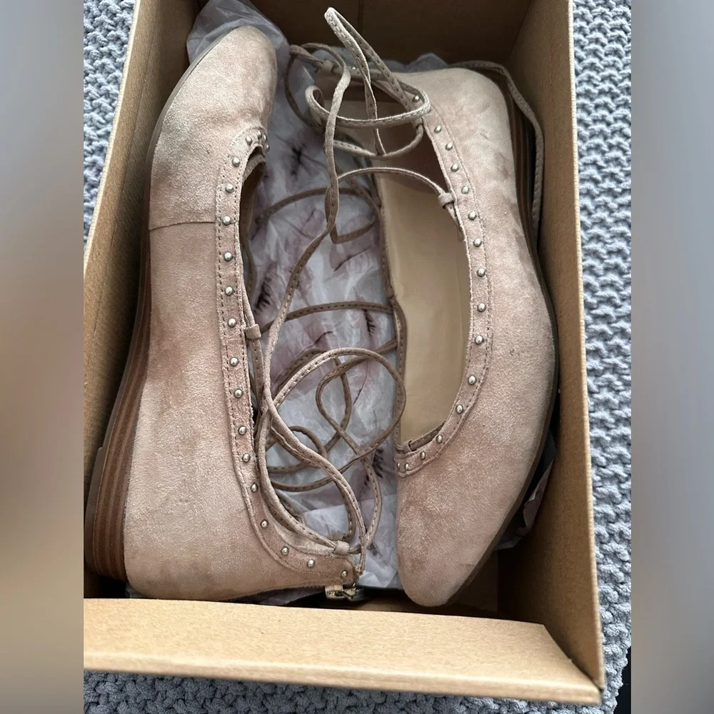 Jessica Simpson Taupe Lace-Up Suede Studded Flats - Picture 9 of 12